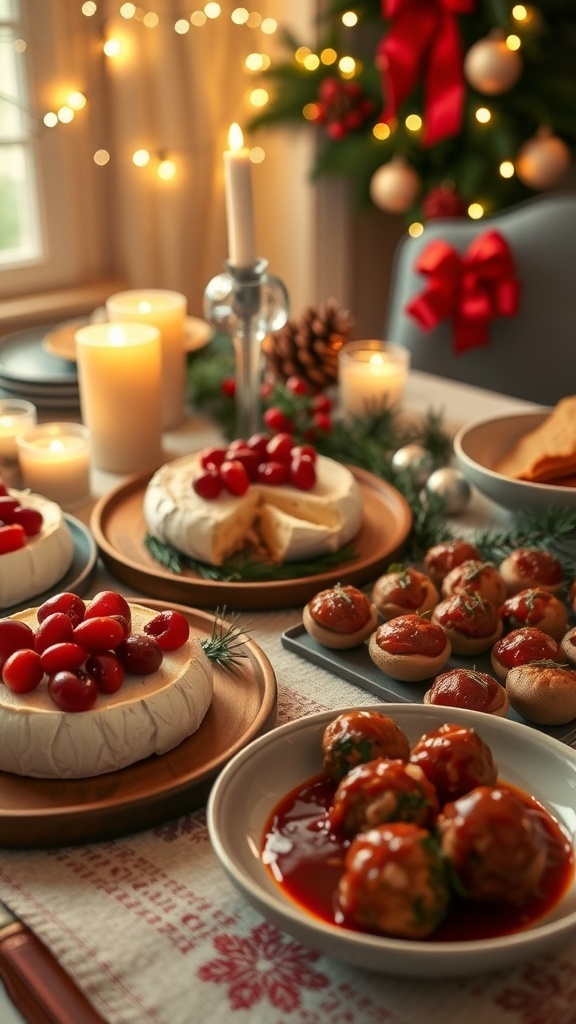 A festive table with warm Christmas party foods like baked brie, stuffed mushrooms, and meatballs.